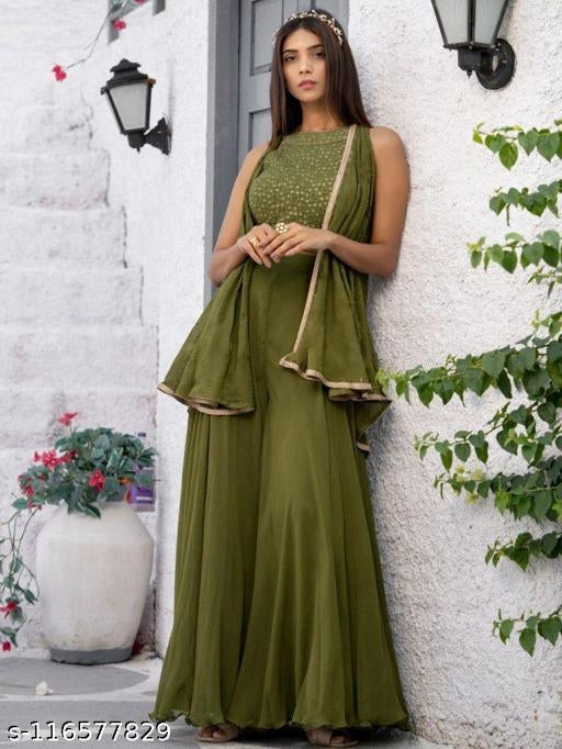 Olive Green Umbrella Style Flared Palazzo