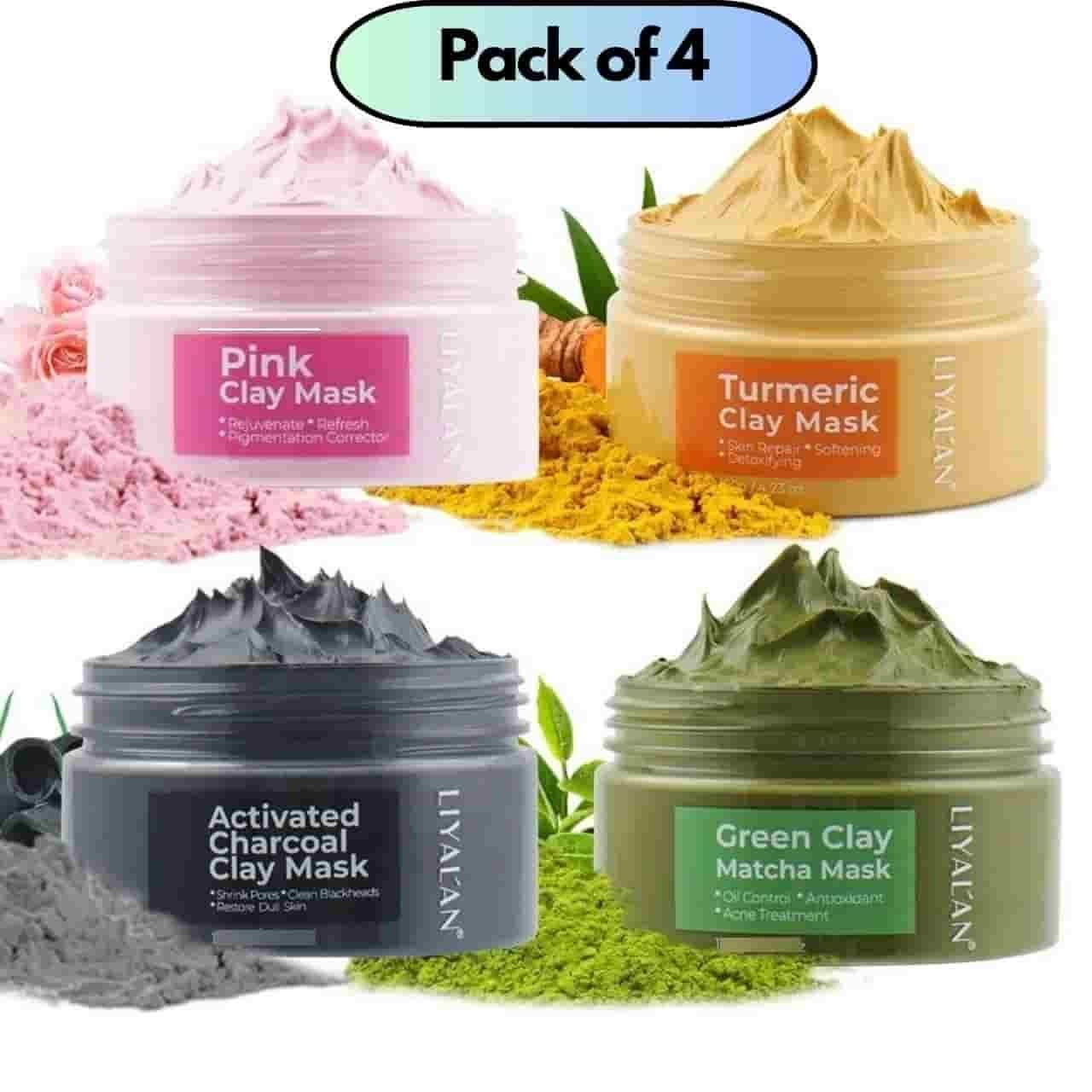 Pink, Turmeric, Activated Charcoal, Green Matcha Face Clay Mask 50 gram each Pack of 4