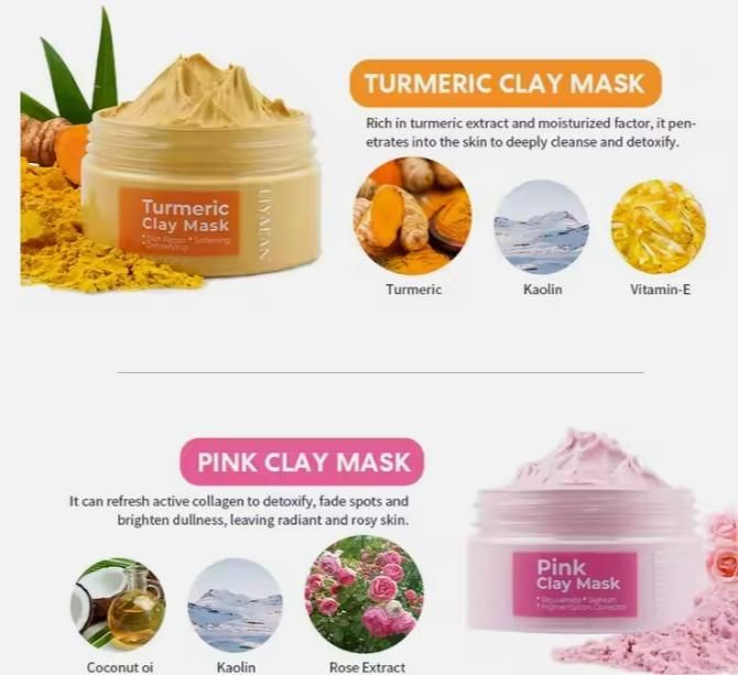 Pink, Turmeric, Activated Charcoal, Green Matcha Face Clay Mask 50 gram each Pack of 4