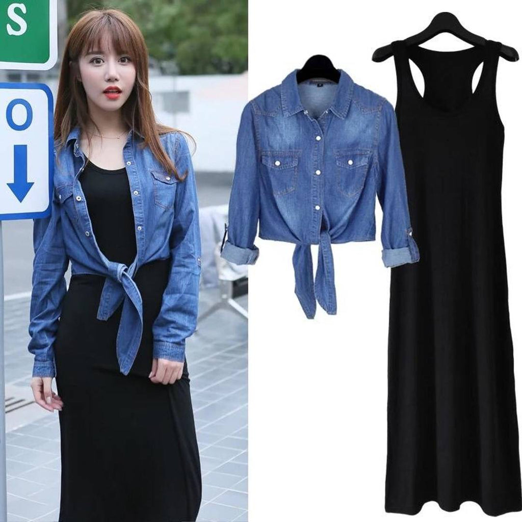 Set of cotton denim shirt with viscose long dress