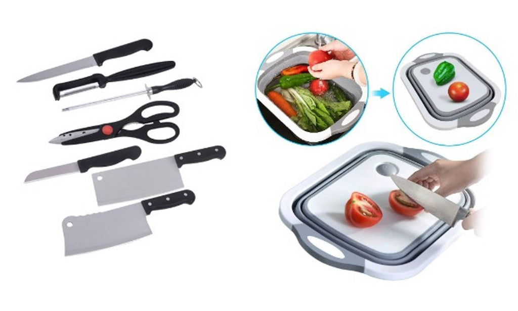 Shopper52 Stainless Steel Kitchen Knife Knives Set with Vegetable Fruit Chopping Board - CMHKN3in1