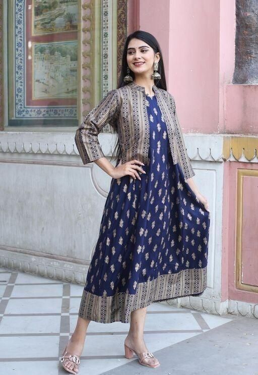 Special Printed Rayon Ankle Length Kurtis With Jacket.