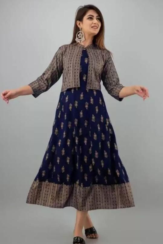 Special Printed Rayon Ankle Length Kurtis With Jacket.