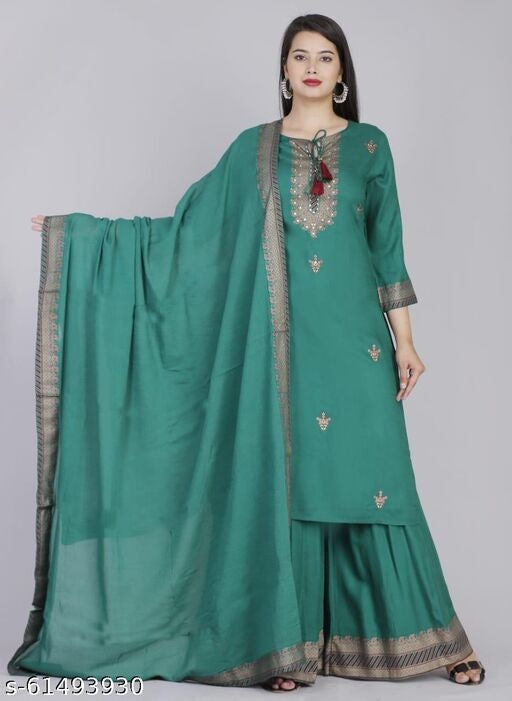 Rayon Kurta With Dupatta And Sharara Bottom wear.