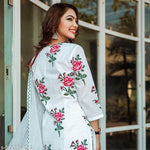 Load image into Gallery viewer, Women&#39;s Pure White Floral Printed Kurta Pant Set With Dupatta
